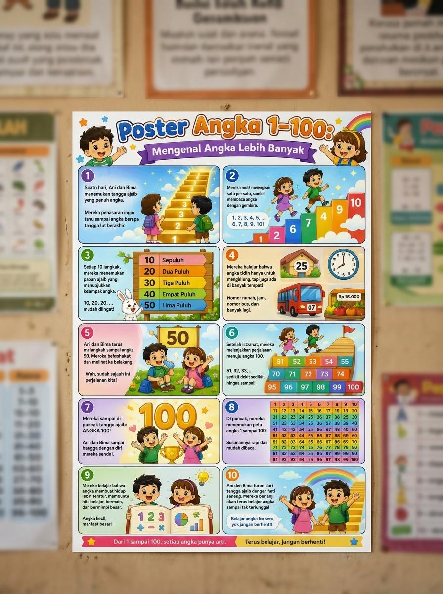 Poster Belajar Angka 1-100 Mengenal Angka Dasar Anak PAUD TK SD Terbaru Termurah