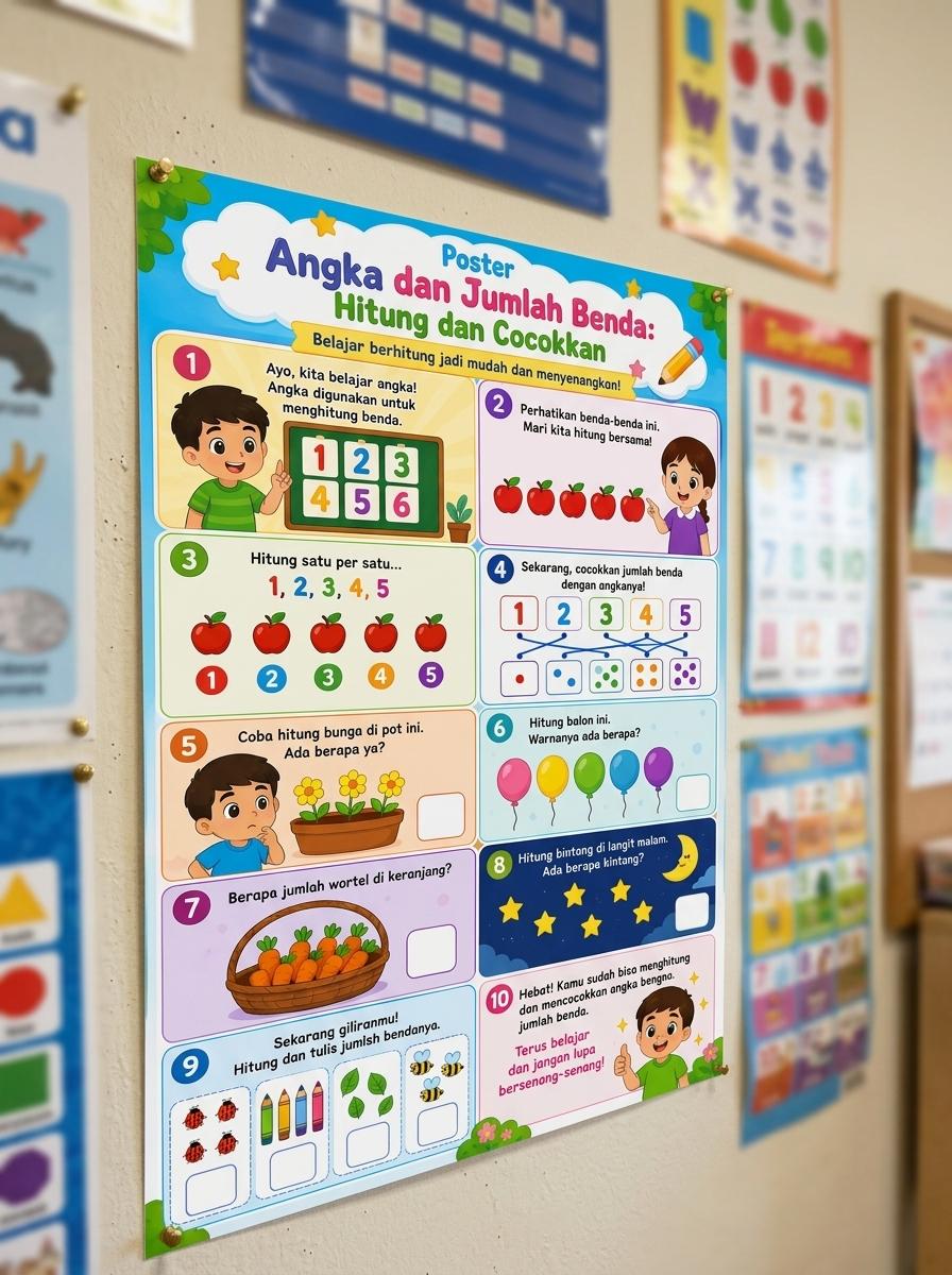 Poster Dinding Belajar Berhitung Angka dan Mengenal Jumlah Benda - Media Edukasi Anak Usia Dini
