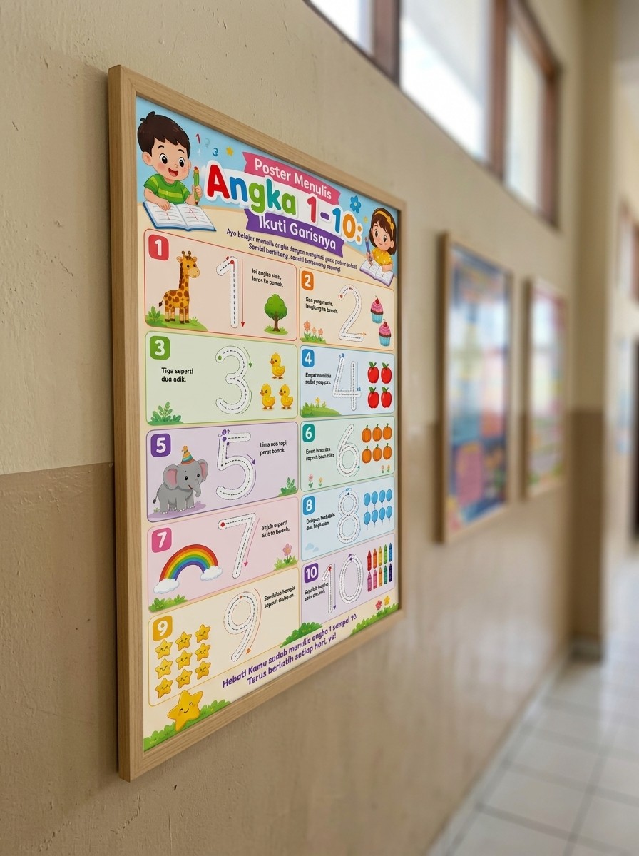 Poster Edukasi Anak Belajar Menulis Angka 1-10 Ikuti Garisnya - Alat Peraga TK PAUD Murah