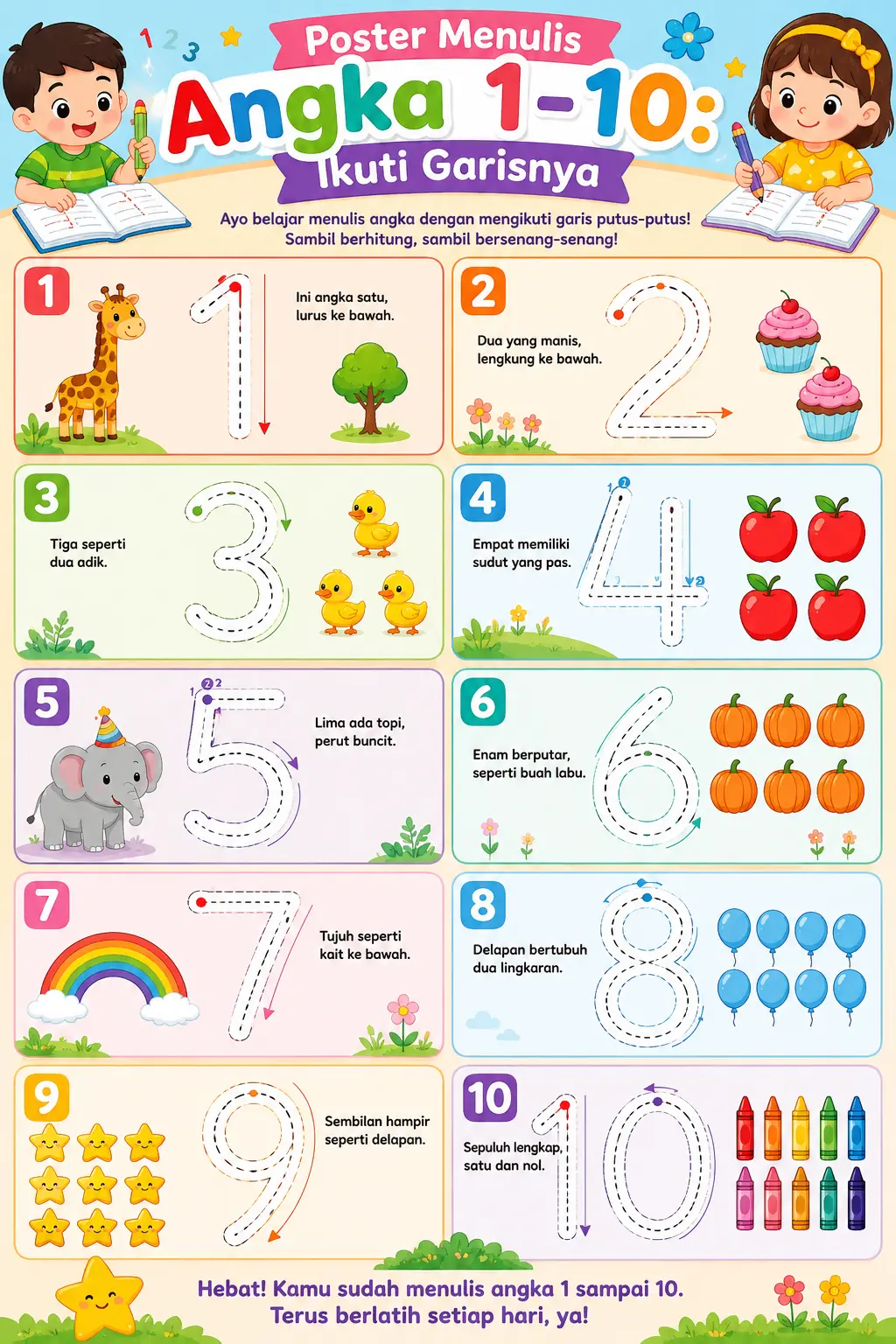 Poster Edukasi Anak Belajar Menulis Angka 1-10 Ikuti Garisnya - Alat Peraga TK PAUD Murah