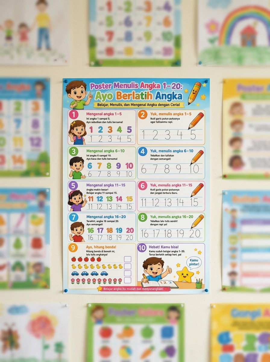 Mainan Edukasi Poster Menulis Angka 1-20 Terbaru - Poster Belajar Anak Dinding Berkualitas Ayo Berlatih