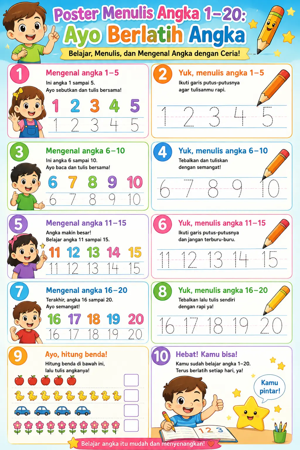 Mainan Edukasi Poster Menulis Angka 1-20 Terbaru - Poster Belajar Anak Dinding Berkualitas Ayo Berlatih