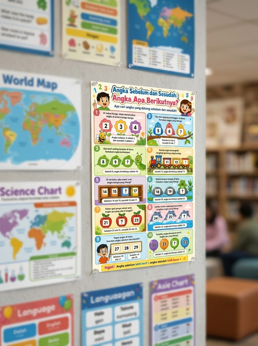 Poster Edukasi Anak Belajar Angka Sebelum dan Sesudah Alat Peraga TK PAUD Mainan Edukatif Terbaru