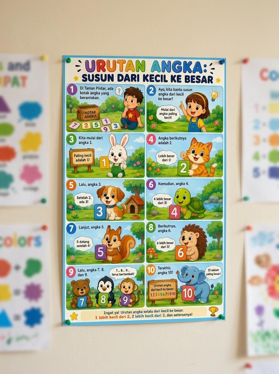Poster Edukasi Anak Belajar Berhitung Urutan Angka Kecil ke Besar Alat Peraga TK PAUD