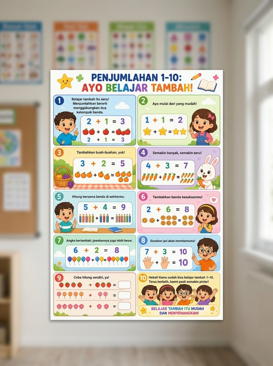Poster Edukasi Anak Penjumlahan 1-10 Tabel Matematika Belajar Berhitung TK SD