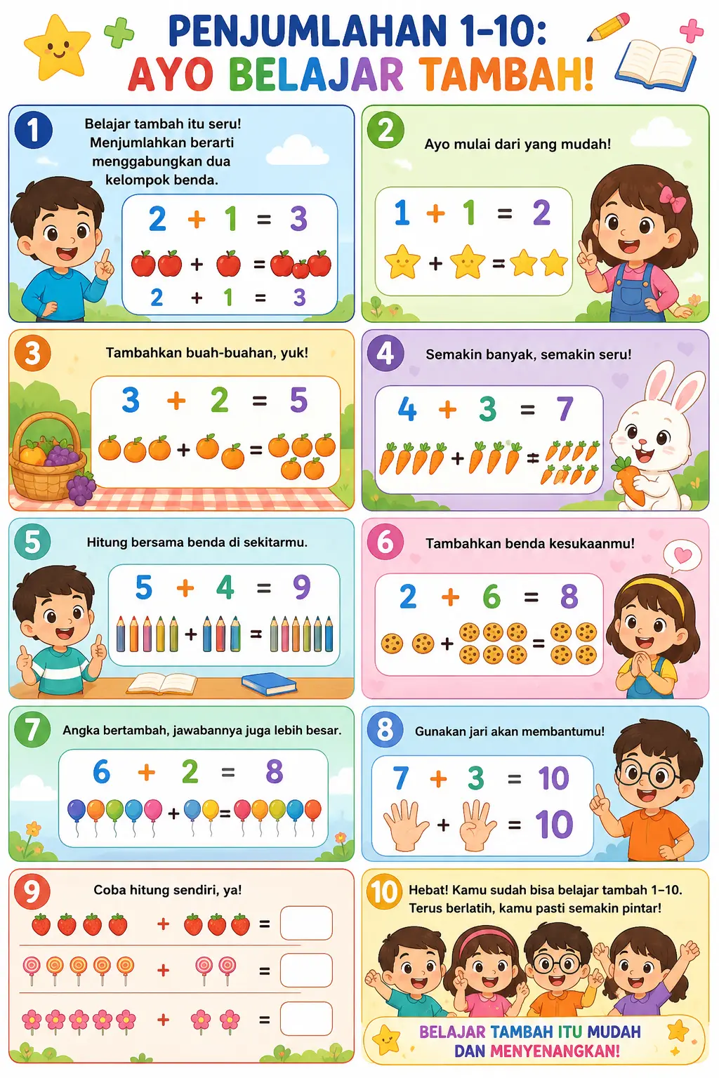 Poster Edukasi Anak Penjumlahan 1-10 Tabel Matematika Belajar Berhitung TK SD