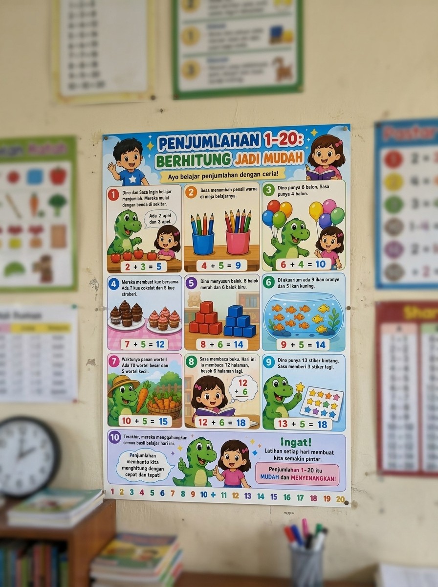 [TERMURAH] Poster Pendidikan Matematika Penjumlahan 1-20 Media Belajar Anak - Desain Aesthetic