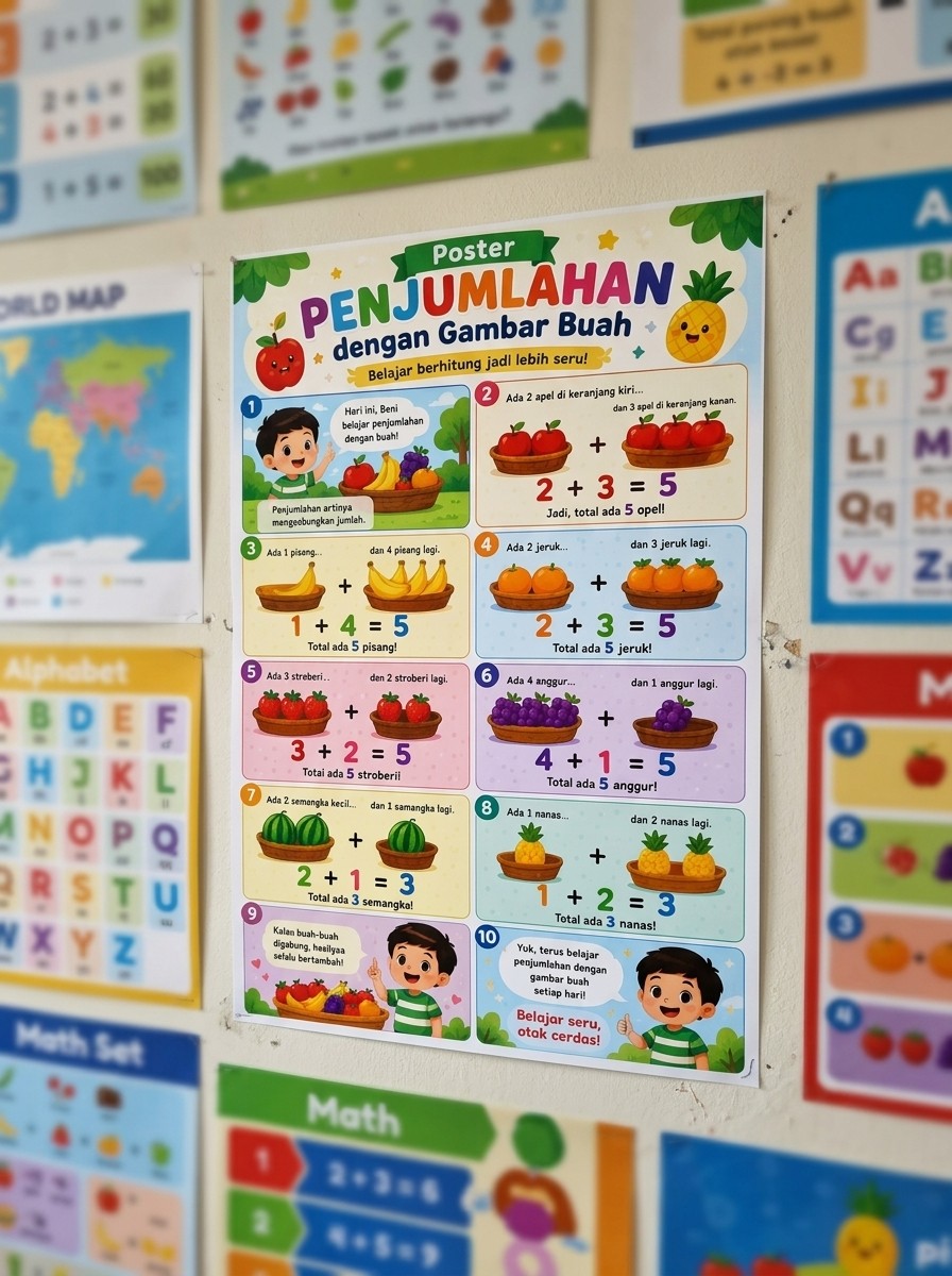 Poster Belajar Berhitung Penjumlahan Seri Buah Full Color - Poster Edukasi Dinding Anak PAUD TK Terbaru