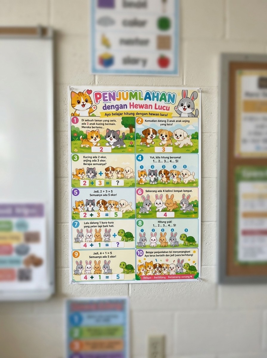 Termurah Poster Penjumlahan Matematika Anak Gambar Hewan Lucu Alat Peraga Pendidikan