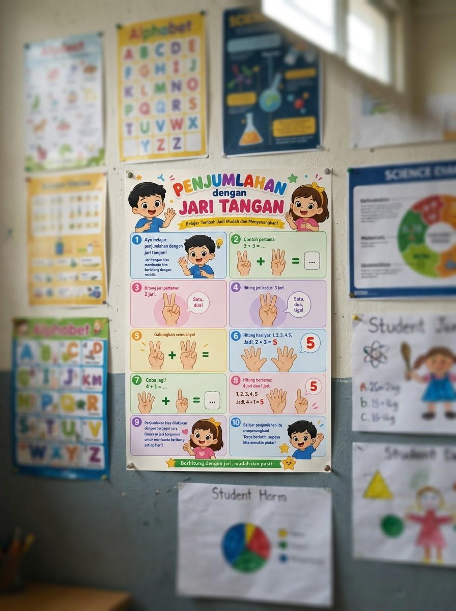 Poster Belajar Penjumlahan Jari Tangan Anak TK SD Media Belajar Visual Seru