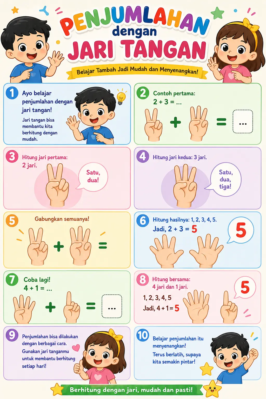 Poster Belajar Penjumlahan Jari Tangan Anak TK SD Media Belajar Visual Seru