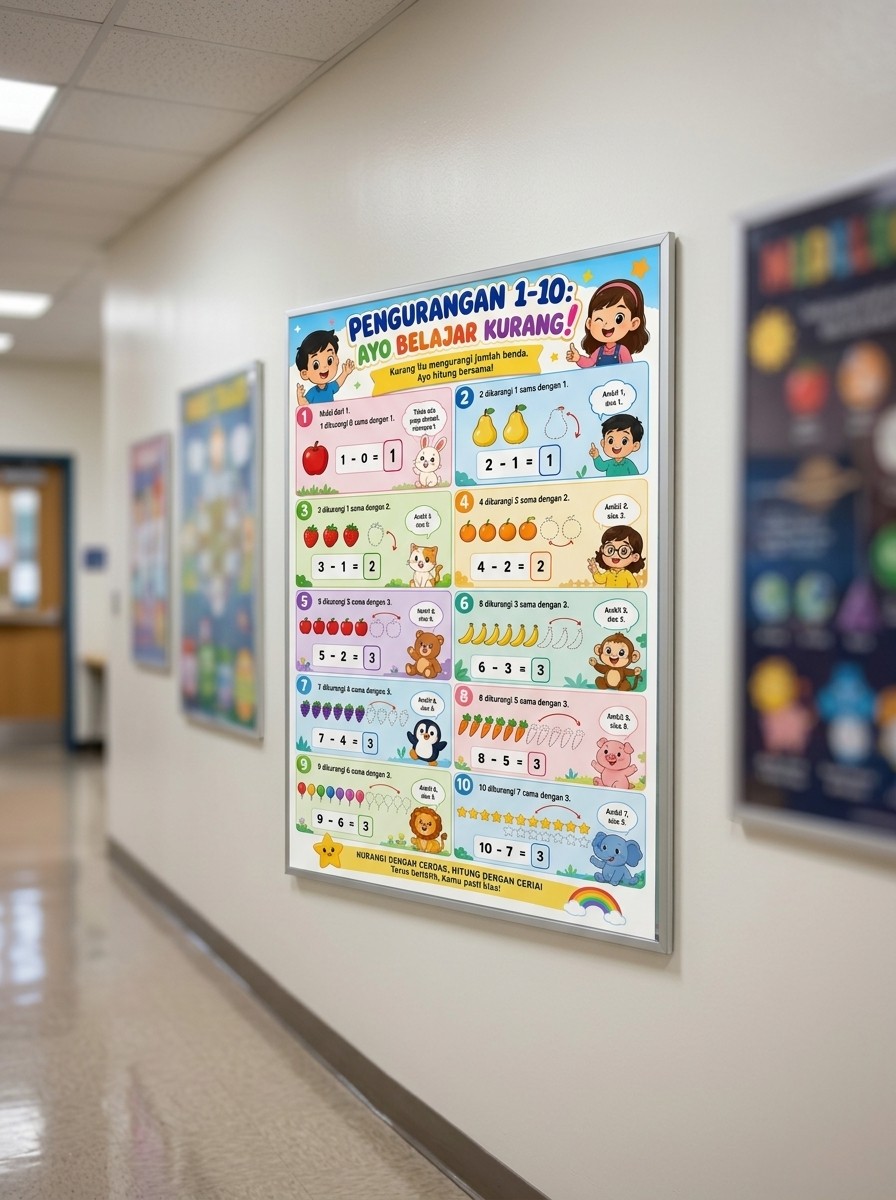 [PROMO] Poster Dinding Edukasi Belajar Berhitung Pengurangan 1-10 Anak TK SD PAUD - Media Belajar Matematika