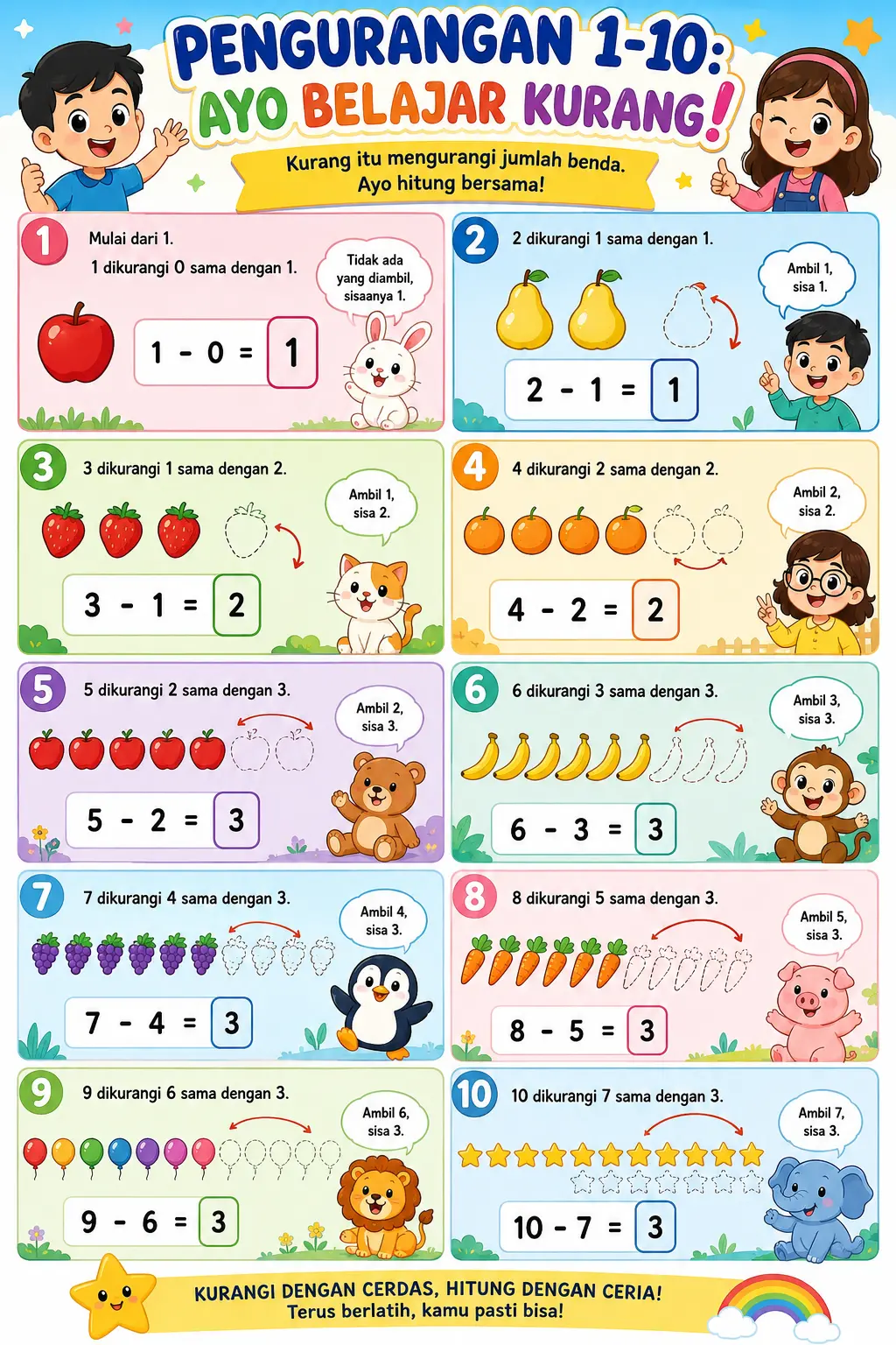 [PROMO] Poster Dinding Edukasi Belajar Berhitung Pengurangan 1-10 Anak TK SD PAUD - Media Belajar Matematika