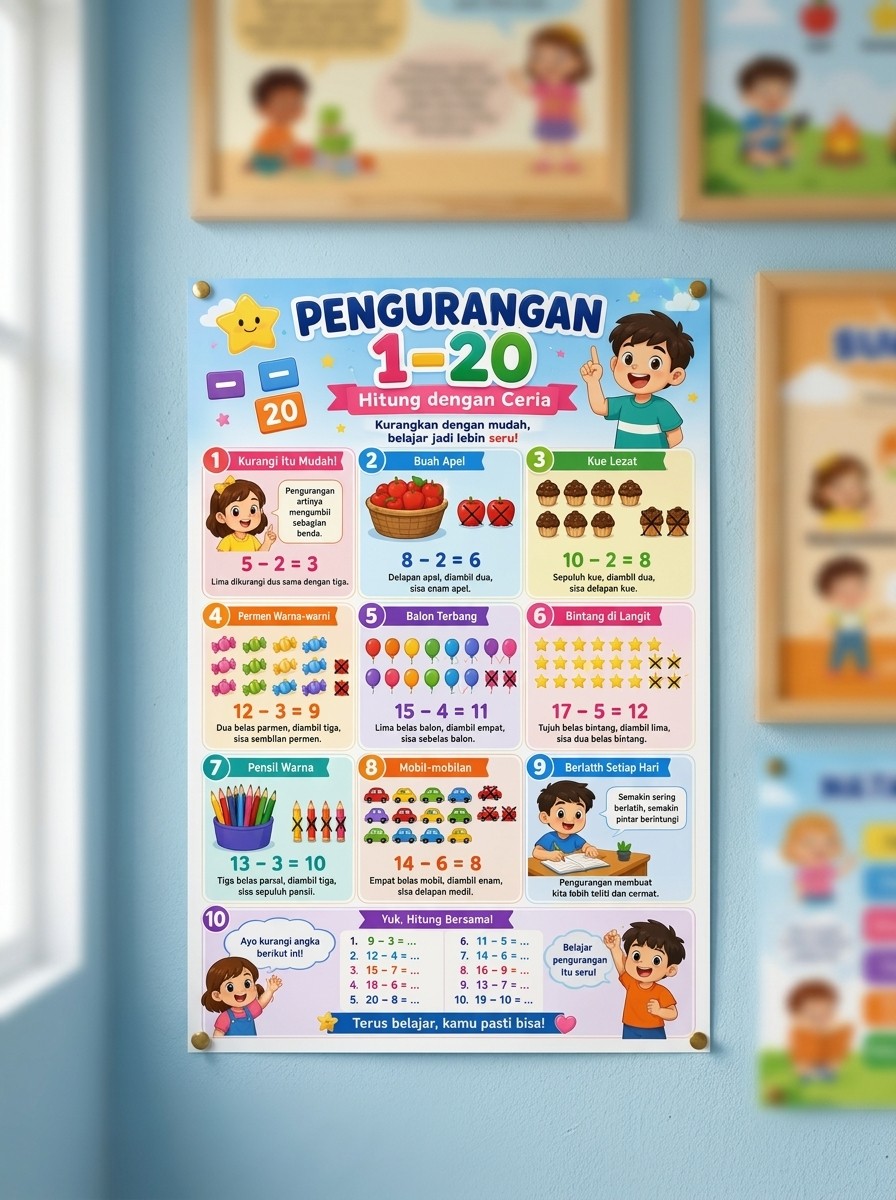 Poster Edukasi Anak Pengurangan 1-20 Alat Peraga Matematika TK SD Murah