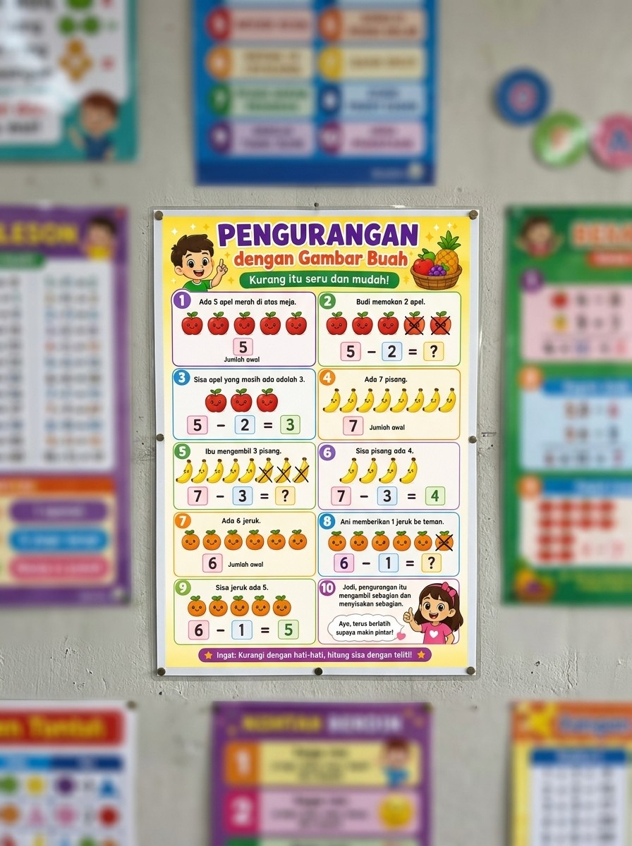 Poster Edukasi Anak Belajar Pengurangan Matematika Gambar Buah TK SD