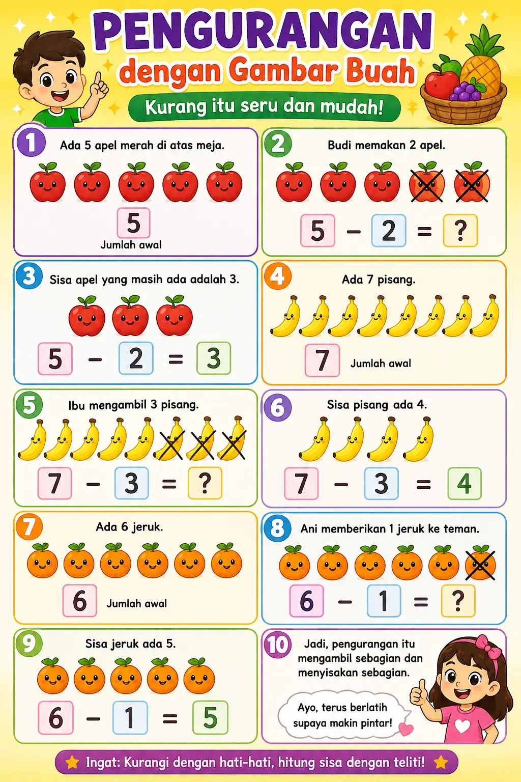 Poster Edukasi Anak Belajar Pengurangan Matematika Gambar Buah TK SD