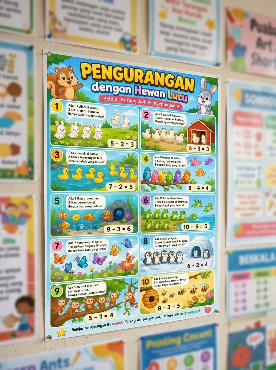 Poster Edukasi Belajar Matematika Pengurangan Anak TK SD Gambar Hewan Lucu Termurah
