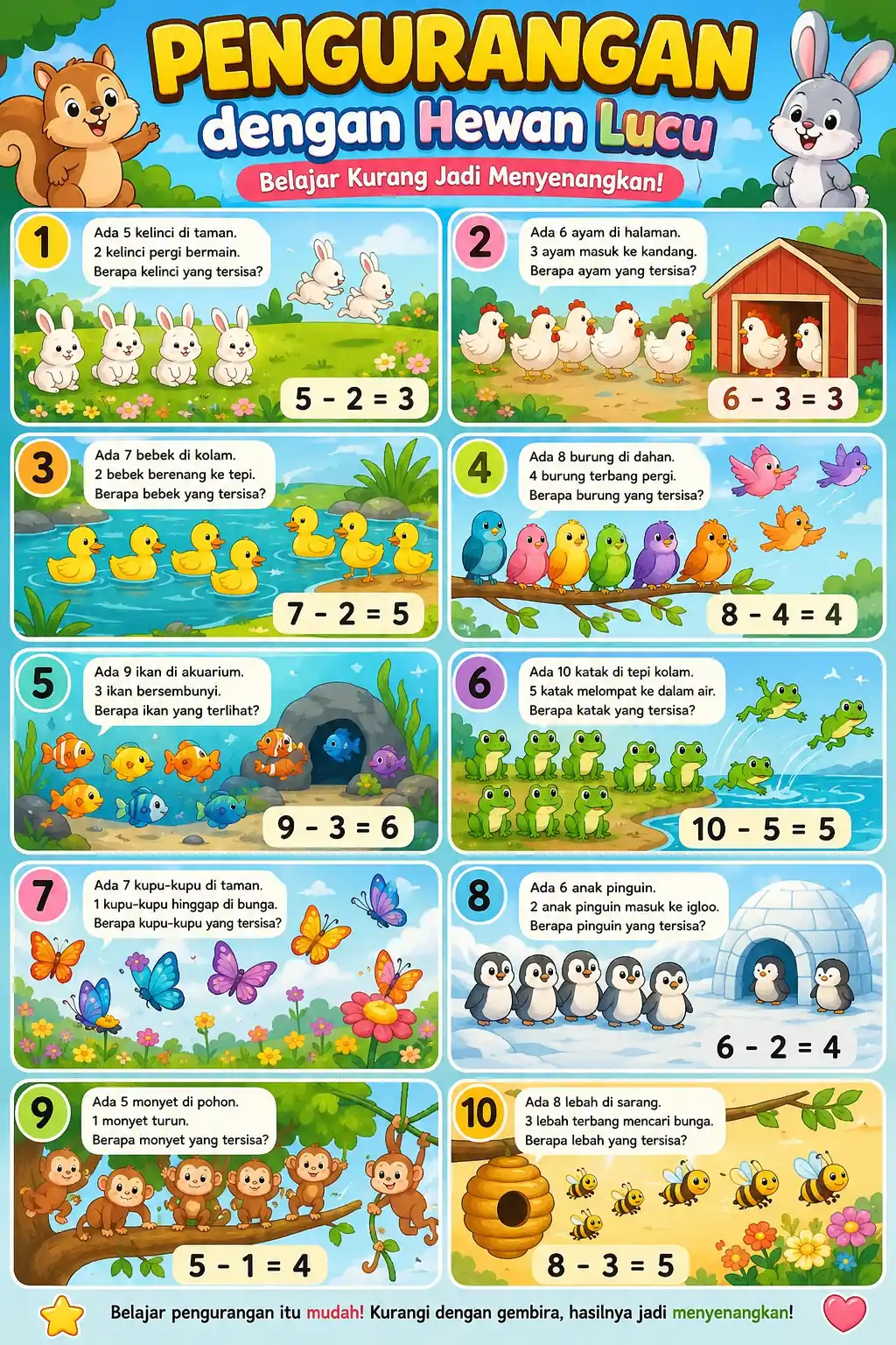 Poster Edukasi Belajar Matematika Pengurangan Anak TK SD Gambar Hewan Lucu Termurah