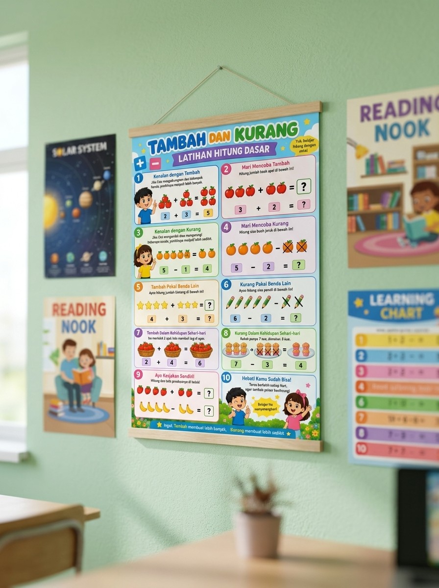 Poster Edukasi Anak Matematika Tambah Kurang Alat Peraga Belajar Berhitung Dasar TK SD Murah