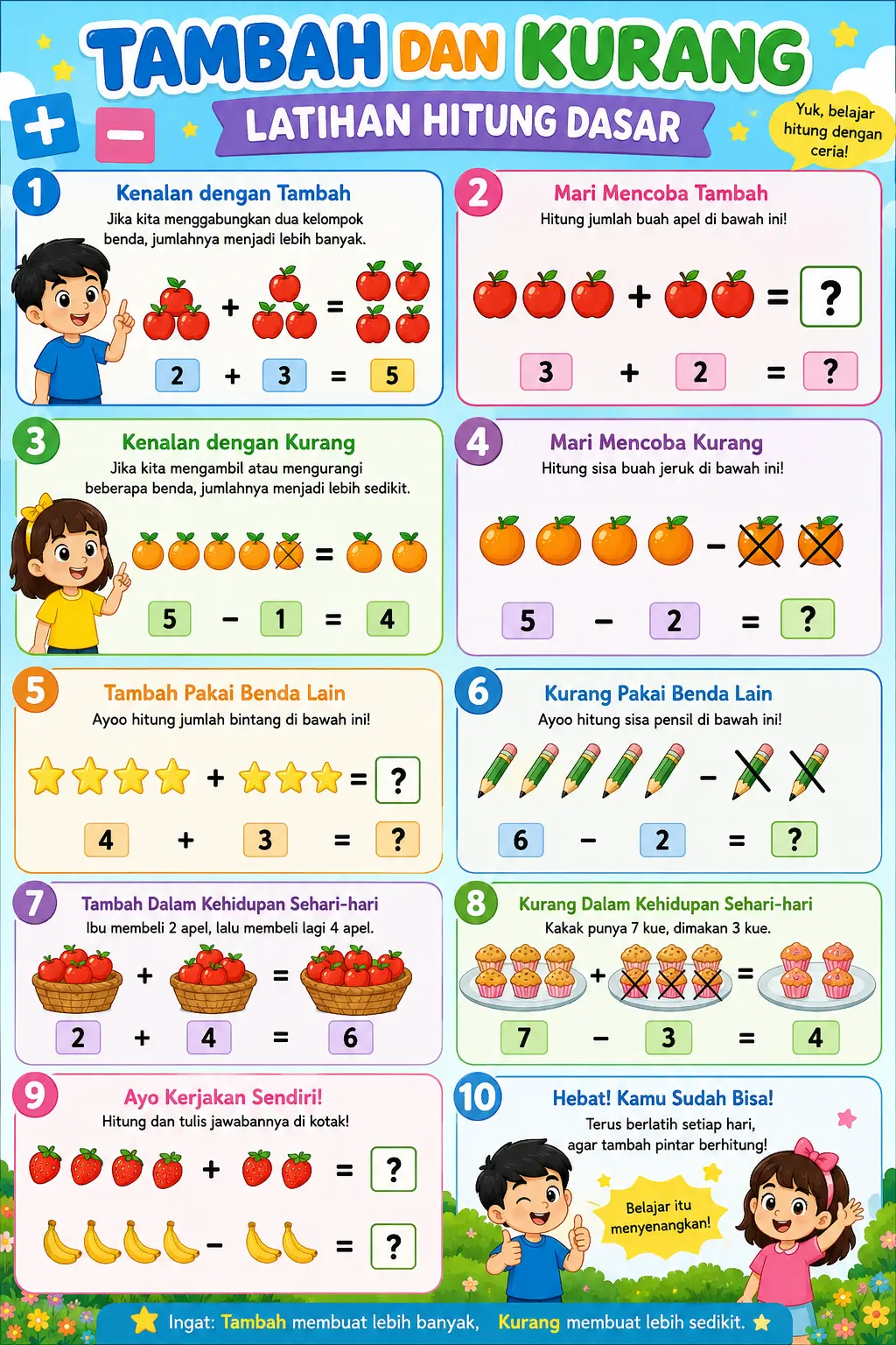 Poster Edukasi Anak Matematika Tambah Kurang Alat Peraga Belajar Berhitung Dasar TK SD Murah