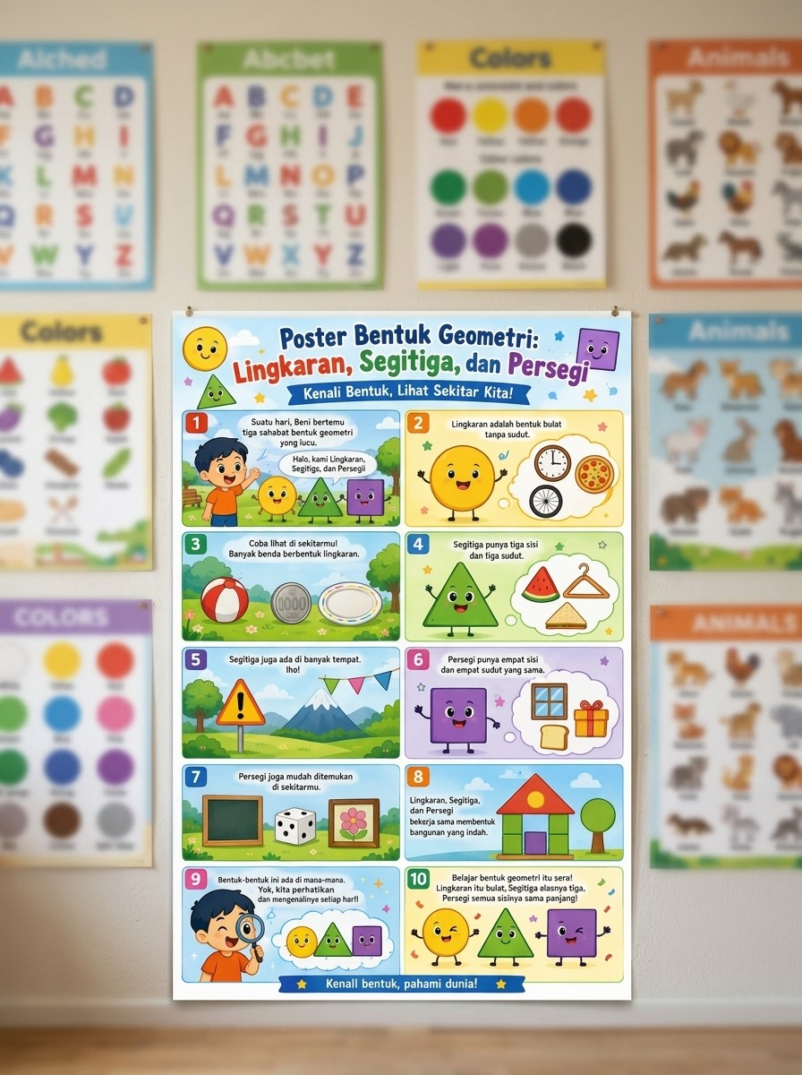 Poster Edukasi Anak Bentuk Geometri - Lingkaran Segitiga Persegi - Alat Peraga PAUD TK SD Murah