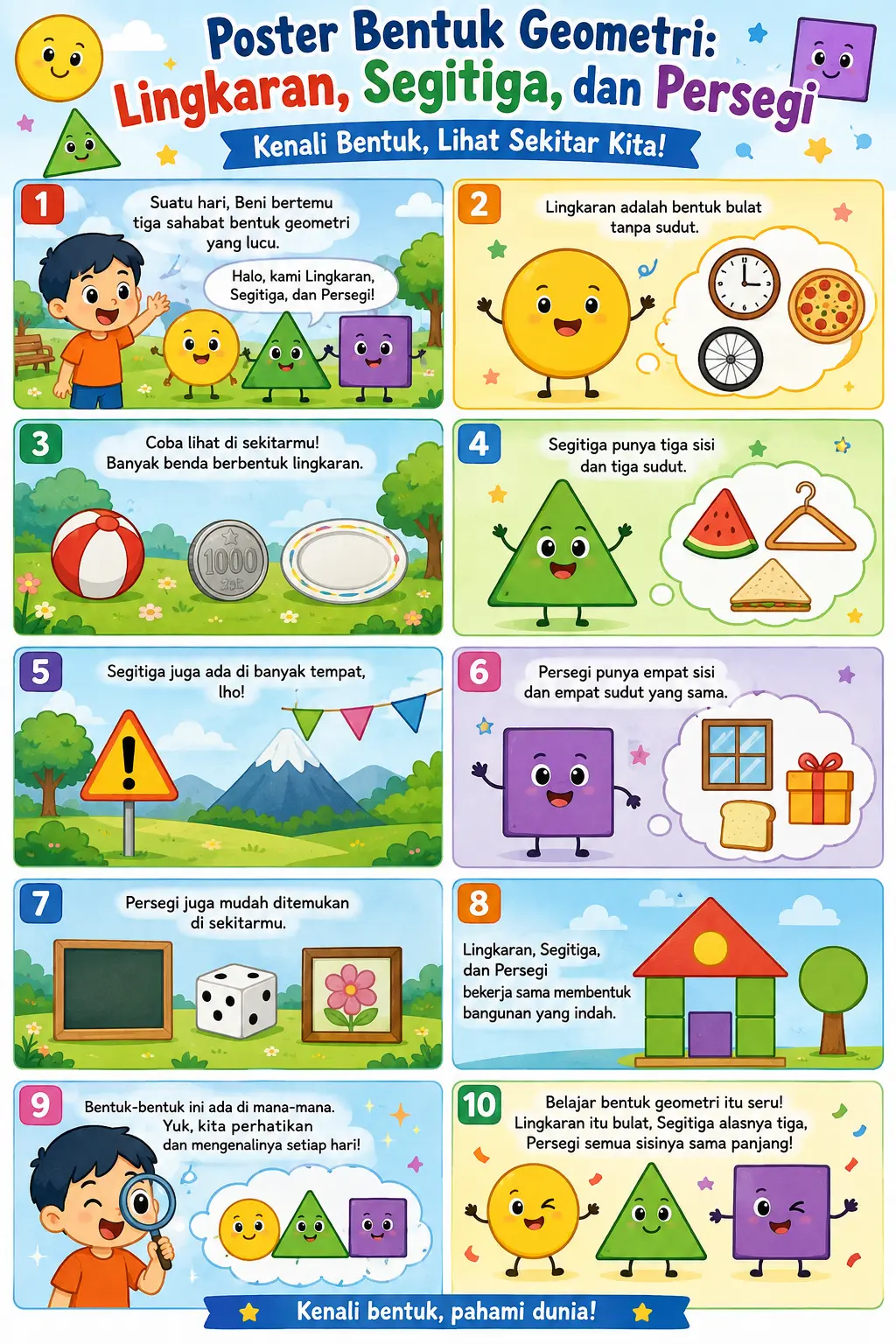 Poster Edukasi Anak Bentuk Geometri - Lingkaran Segitiga Persegi - Alat Peraga PAUD TK SD Murah