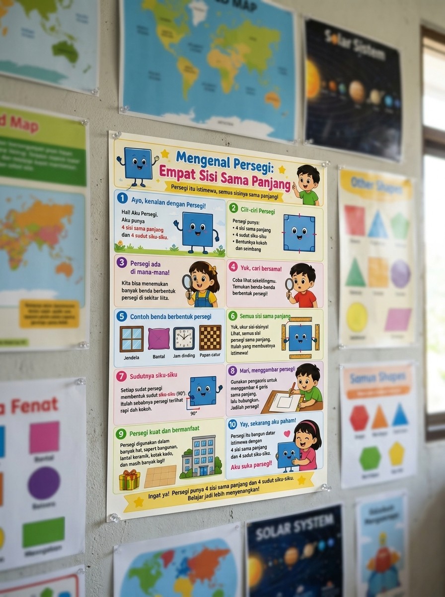 Poster Bangun Datar Persegi Media Belajar Anak TK PAUD SD - Poster Edukasi Dinding Kelas Matematika