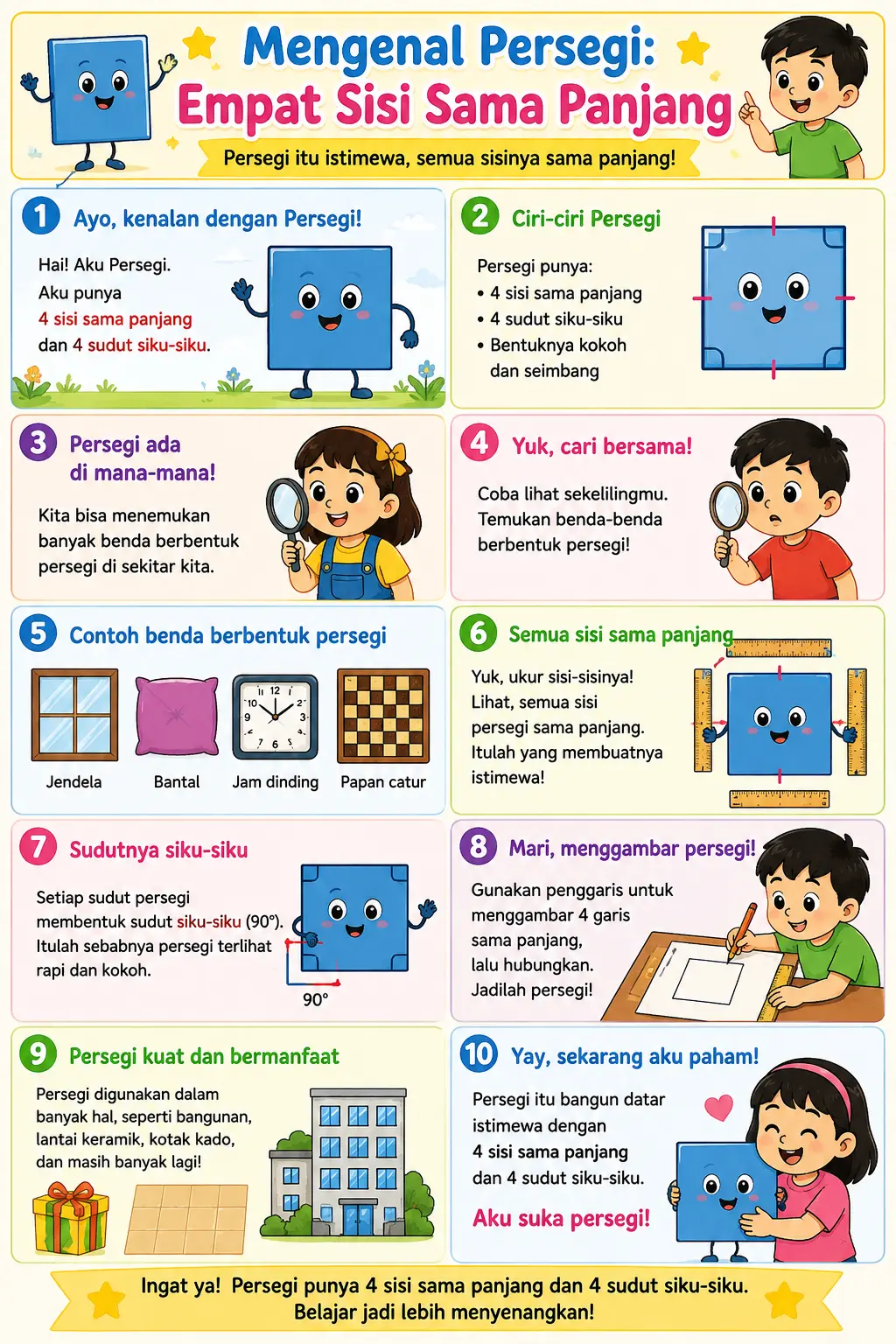 Poster Bangun Datar Persegi Media Belajar Anak TK PAUD SD - Poster Edukasi Dinding Kelas Matematika