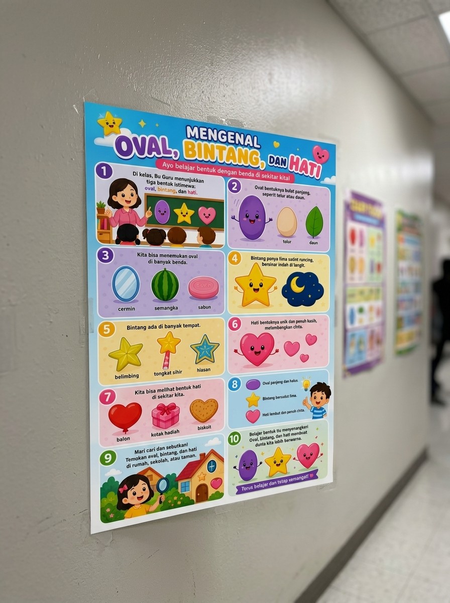 Poster Edukasi Anak Mengenal Bentuk Oval Bintang Hati - Media Belajar Anak PAUD TK Dekorasi Dinding Kamar