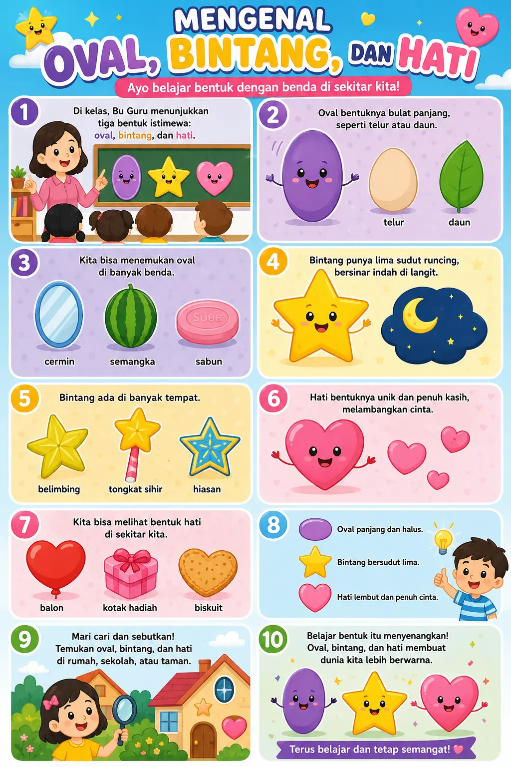 Poster Edukasi Anak Mengenal Bentuk Oval Bintang Hati - Media Belajar Anak PAUD TK Dekorasi Dinding Kamar