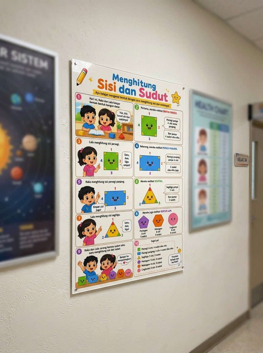 Poster Edukasi Anak Matematika Menghitung Sisi dan Sudut Bangun Datar Alat Peraga Sekolah SD TK