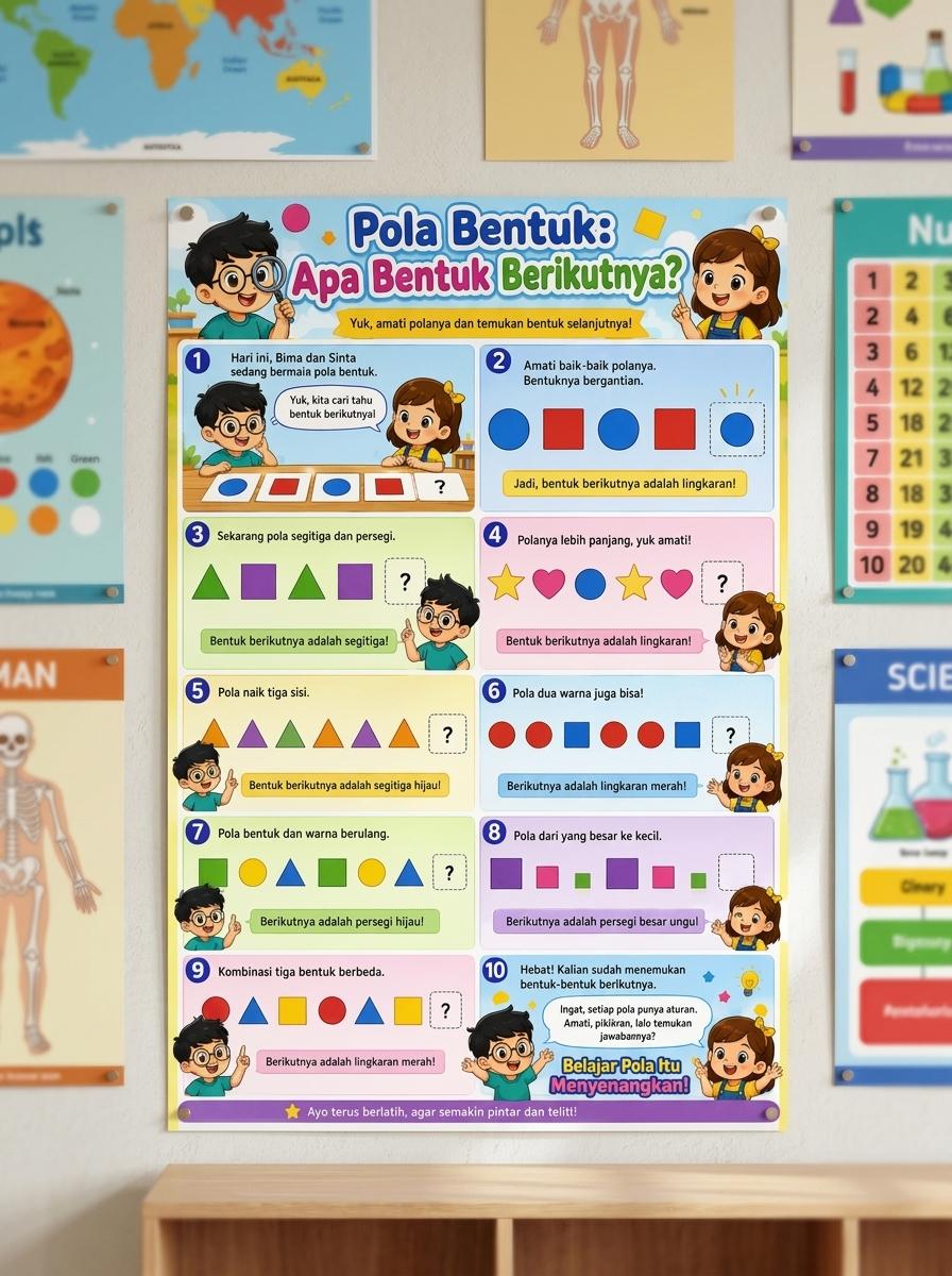 Poster Belajar Pola & Bentuk Apa Bentuk Berikutnya - Poster Edukasi Anak Premium Ukuran A3+