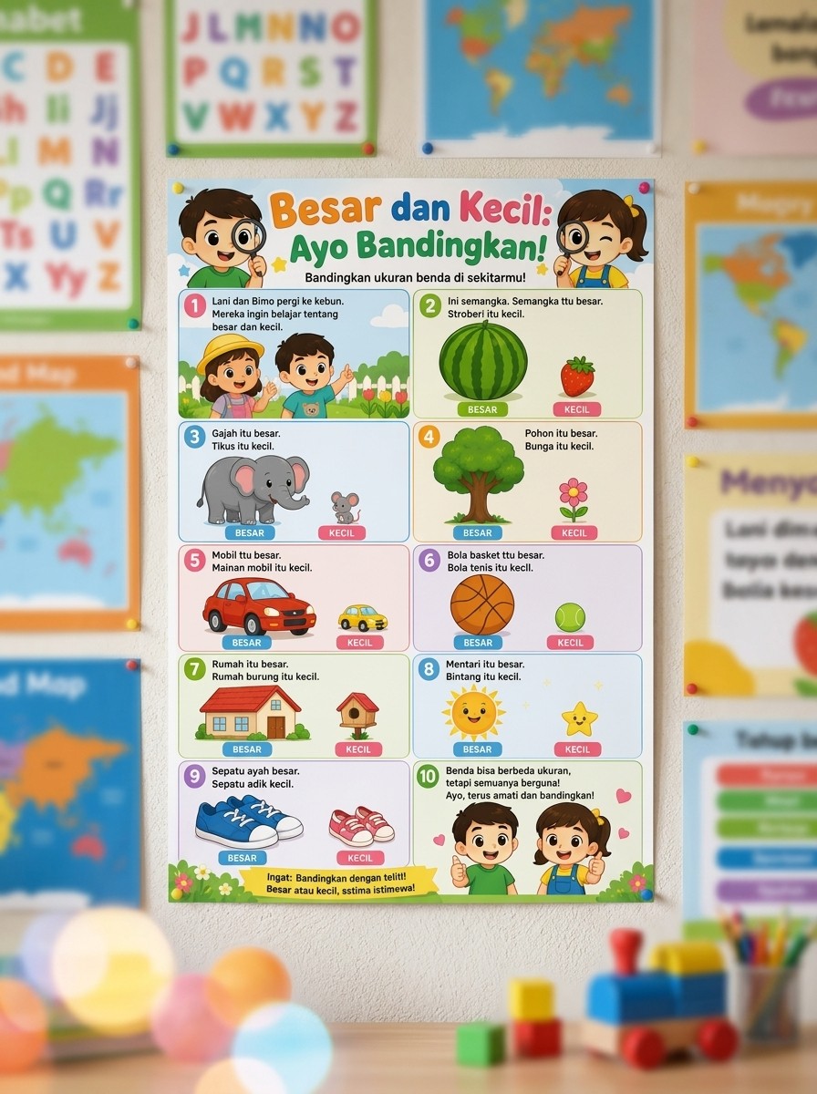 Poster Edukasi Anak Perbandingan Ukuran Besar & Kecil - Alat Peraga Dinding TK SD Premium