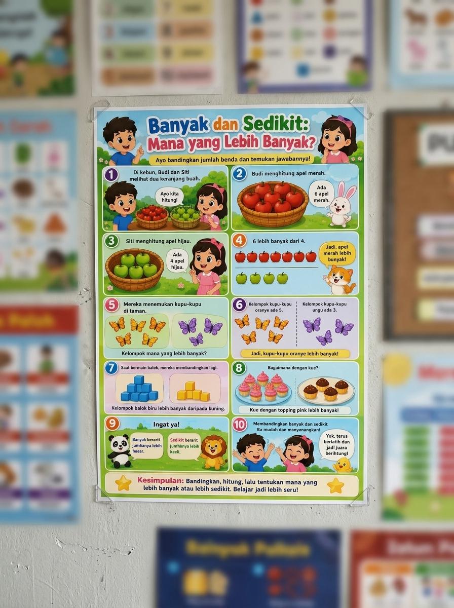 Poster Edukasi Dinding Anak Perbandingan Banyak Sedikit - Poster Pintar Berhitung Dasar Alat Peraga TK PAUD