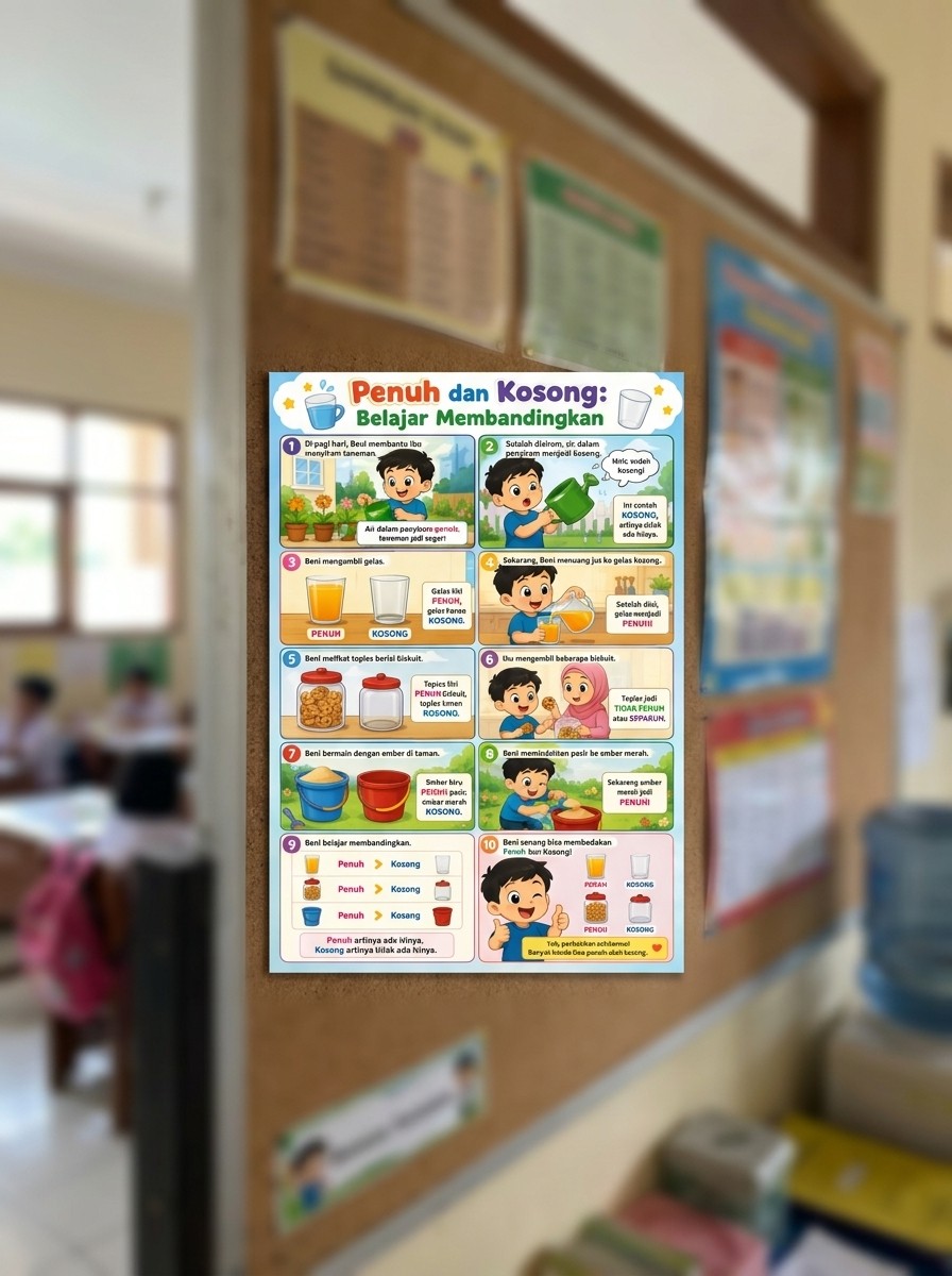 Poster Edukasi Anak Belajar Membandingkan Penuh dan Kosong Alat Peraga PAUD TK Terbaru