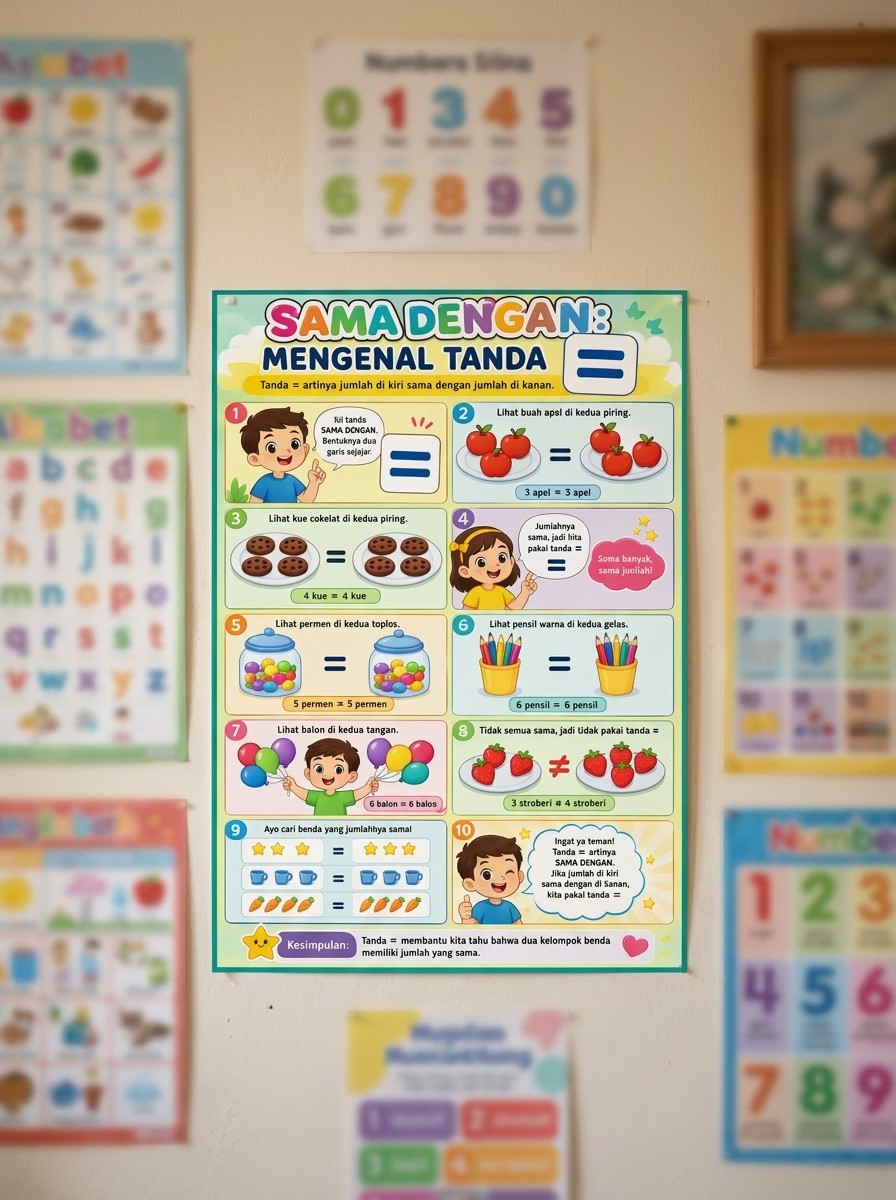 Poster Belajar Anak Mengenal Simbol Tanda Sama Dengan (=) Matematika Dasar PAUD TK SD Murah Berkualitas