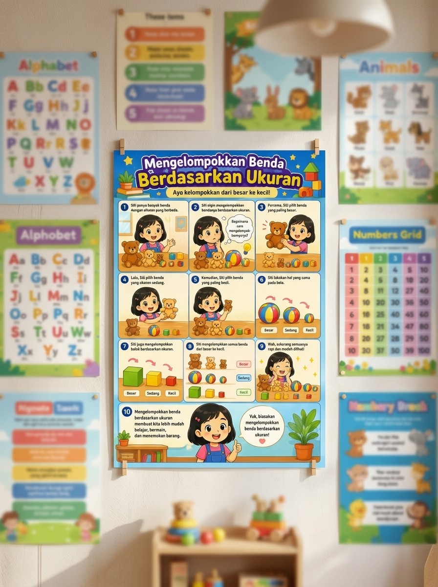 Poster Edukasi Anak Mengelompokkan Benda Berdasarkan Ukuran Belajar Perbandingan PAUD TK