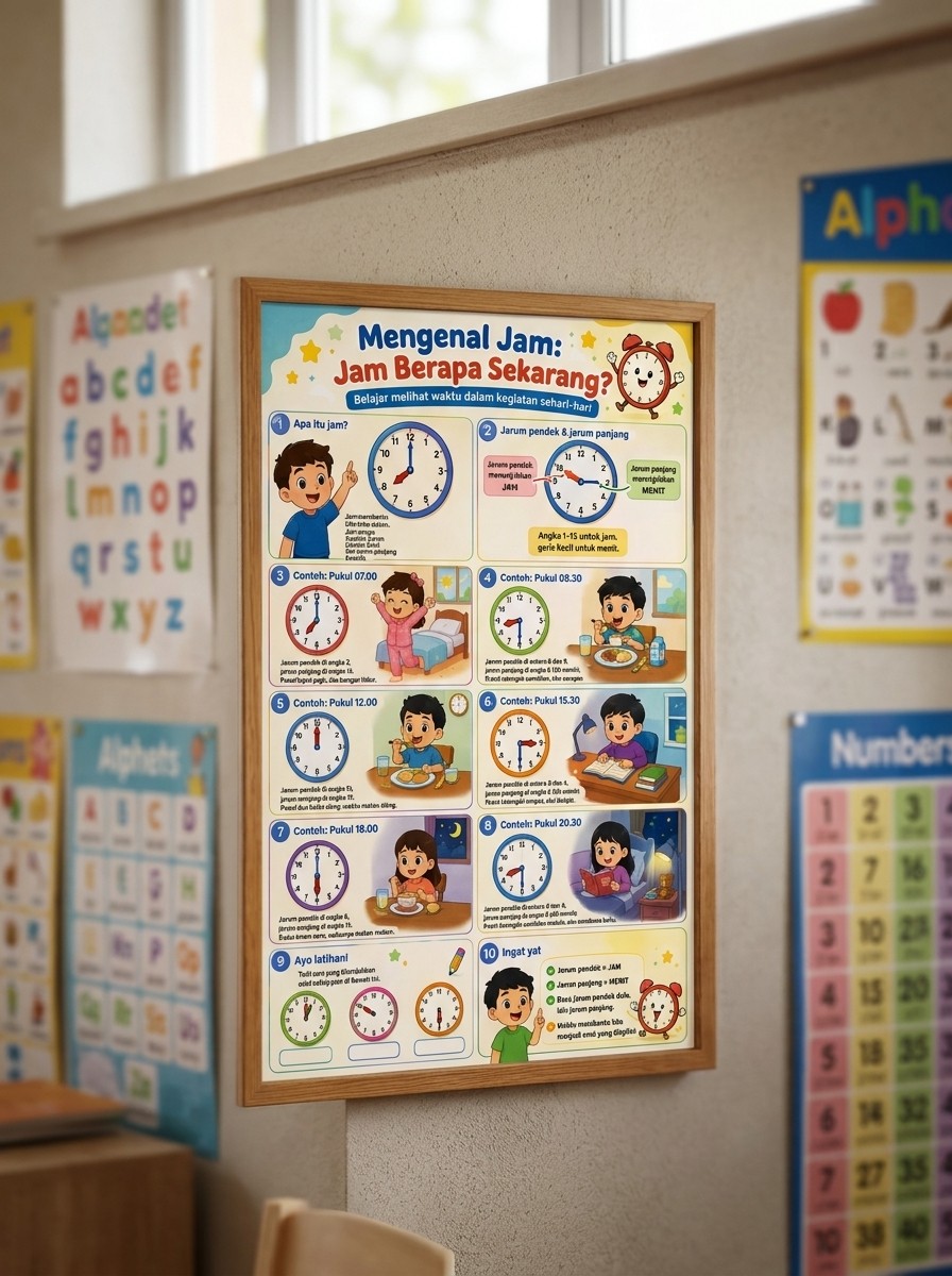 Poster Edukasi Anak Mengenal Jam & Waktu - Media Belajar Jam Berapa Sekarang PAUD TK - Poster Dinding Murah