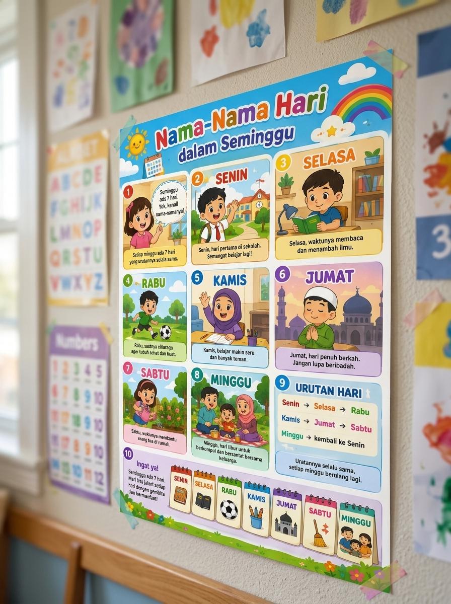 Poster Edukasi Anak Belajar Nama-Nama Hari dalam Seminggu TK PAUD A3+