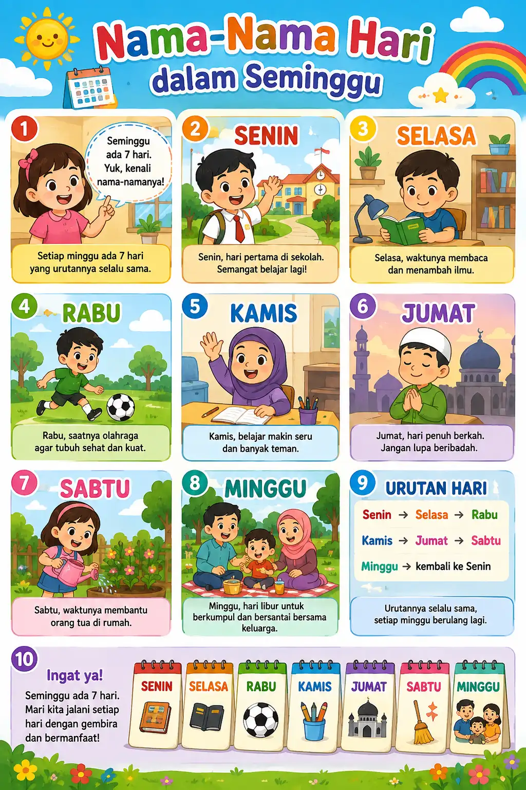 Poster Edukasi Anak Belajar Nama-Nama Hari dalam Seminggu TK PAUD A3+