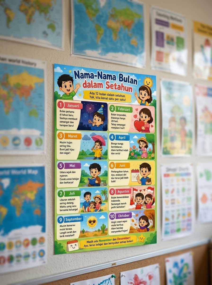 Hiasan Dinding Poster Edukasi Nama Bulan Setahun - Poster Belajar Anak Lucu - Dekorasi Kamar Anak Aesthetic Waterproof