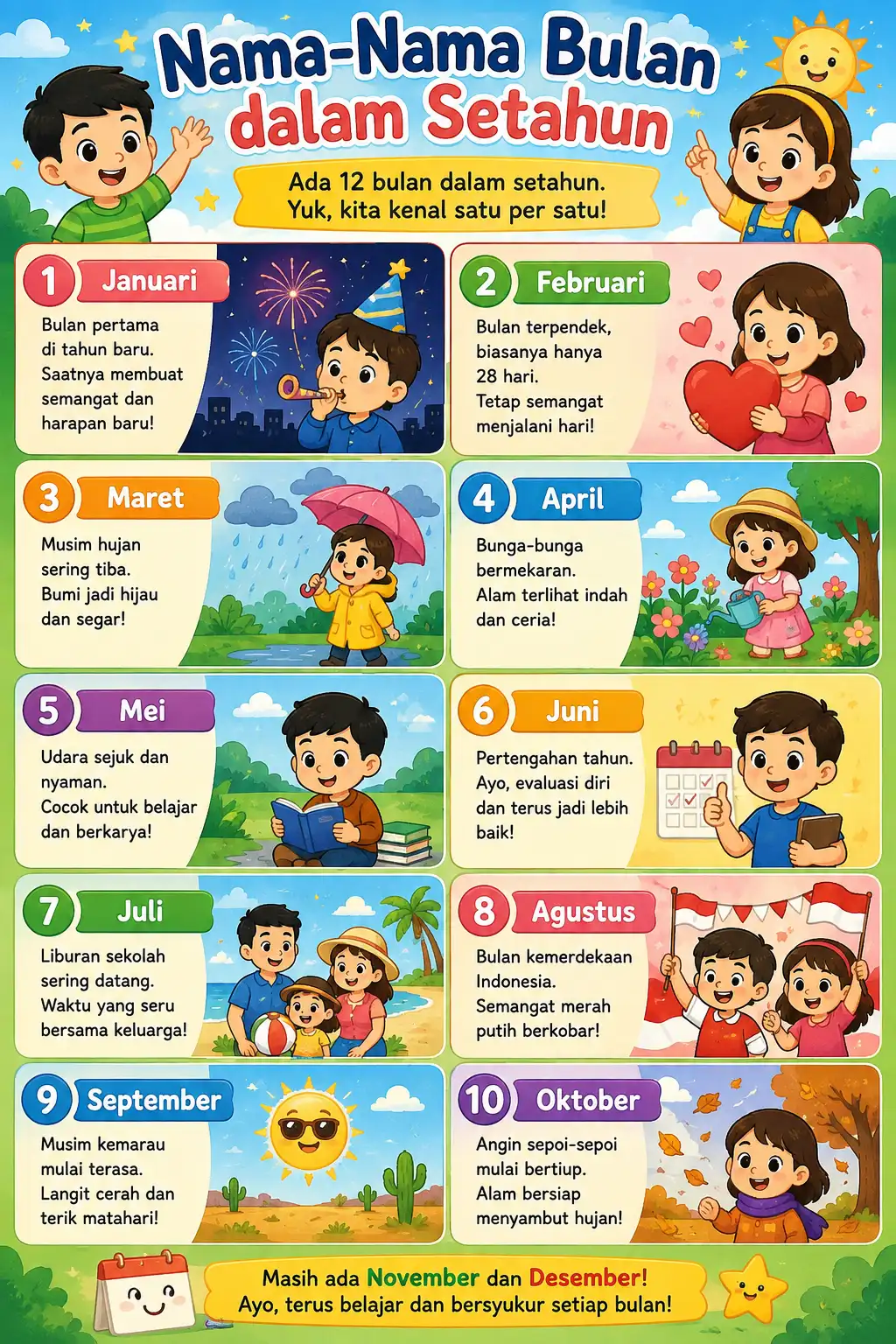 Hiasan Dinding Poster Edukasi Nama Bulan Setahun - Poster Belajar Anak Lucu - Dekorasi Kamar Anak Aesthetic Waterproof