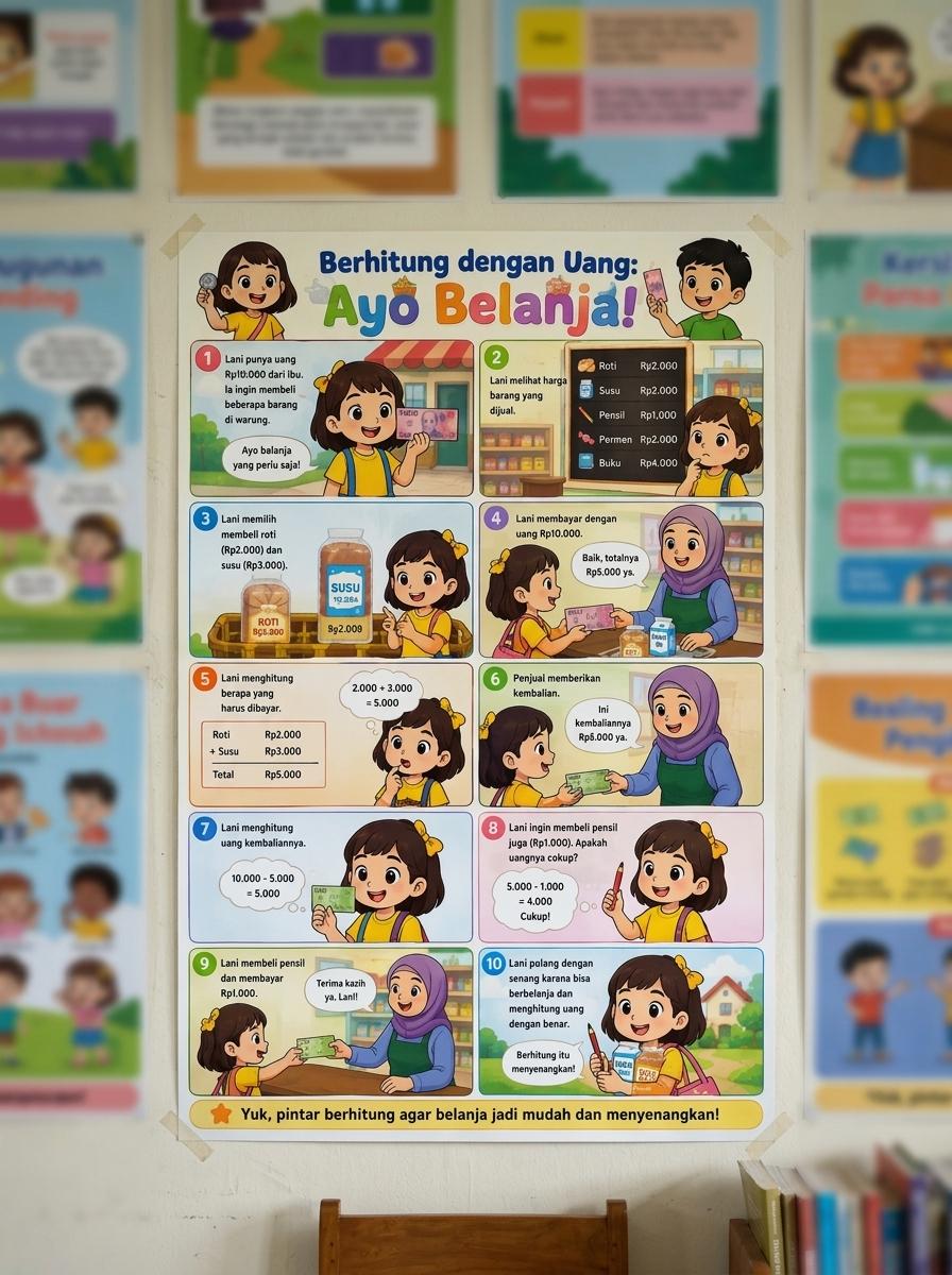 Poster Edukasi Anak Belajar Berhitung Uang Rupiah Ayo Belanja Media Pembelajaran PAUD TK SD