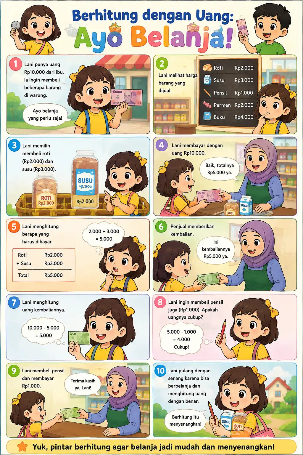 Poster Edukasi Anak Belajar Berhitung Uang Rupiah Ayo Belanja Media Pembelajaran PAUD TK SD