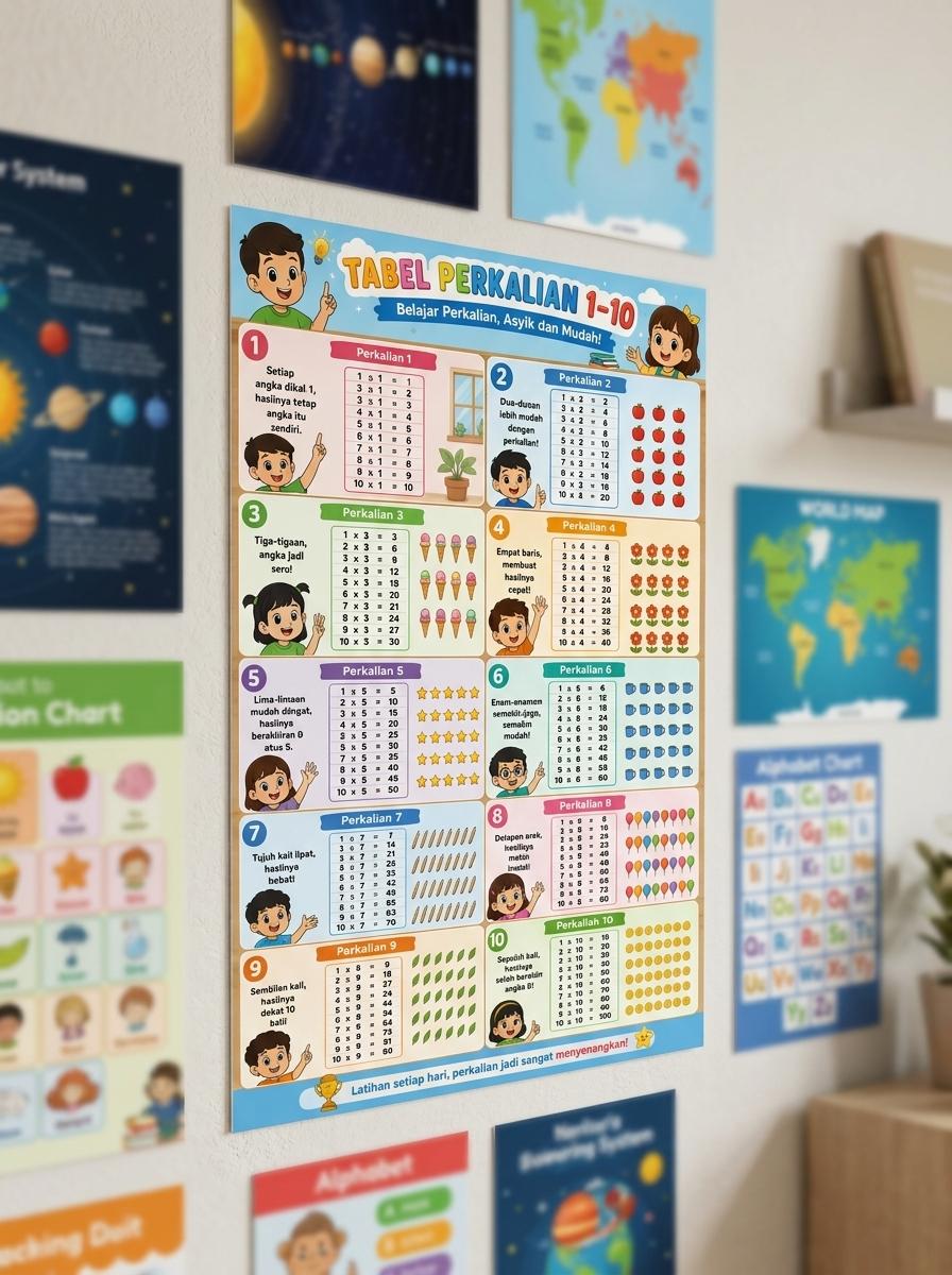 [TERMURAH] Poster Perkalian 1 Sampai 10 Alat Bantu Belajar Anak Matematika Dasar - Poster Edukasi