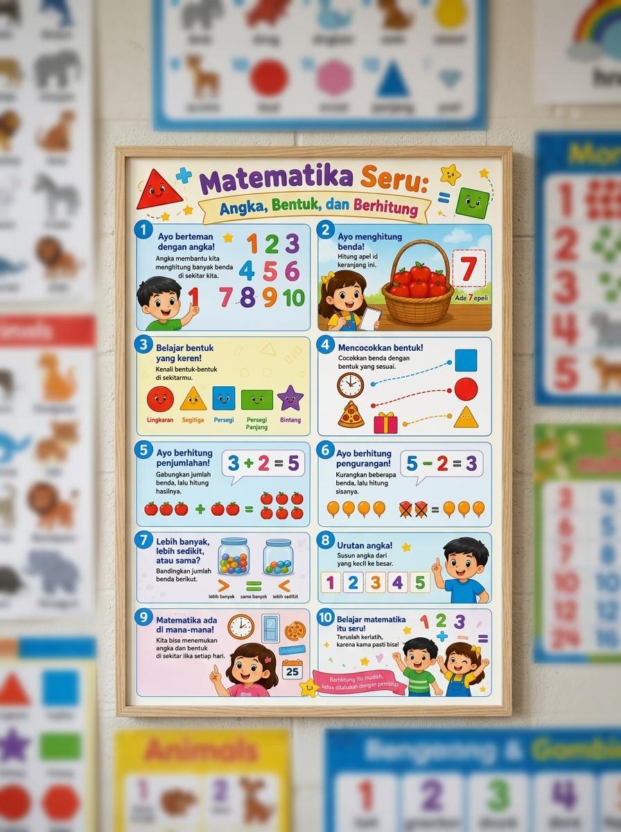 Poster Edukasi Anak Belajar Berhitung Angka dan Bentuk Matematika TK PAUD - Alat Peraga Belajar Seru