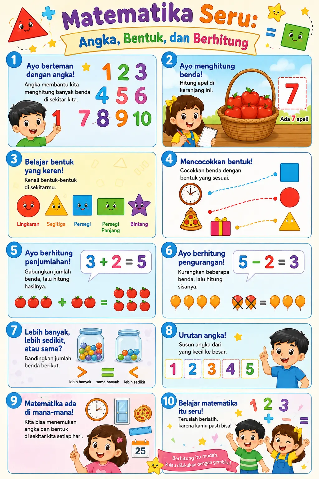 Poster Edukasi Anak Belajar Berhitung Angka dan Bentuk Matematika TK PAUD - Alat Peraga Belajar Seru