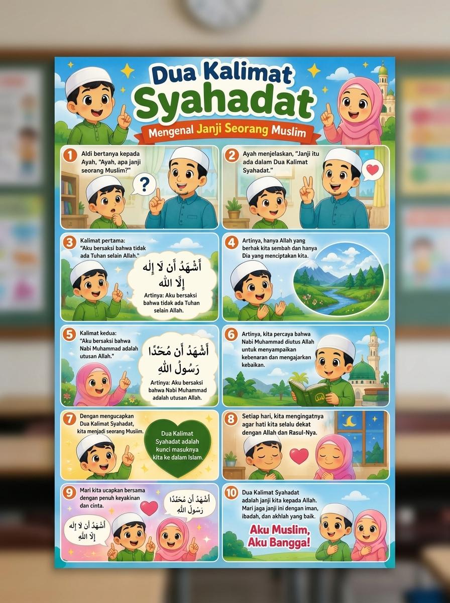 Poster Edukasi Anak Muslim Dua Kalimat Syahadat Estetik - Hiasan Dinding Islami Premium Belajar Tauhid