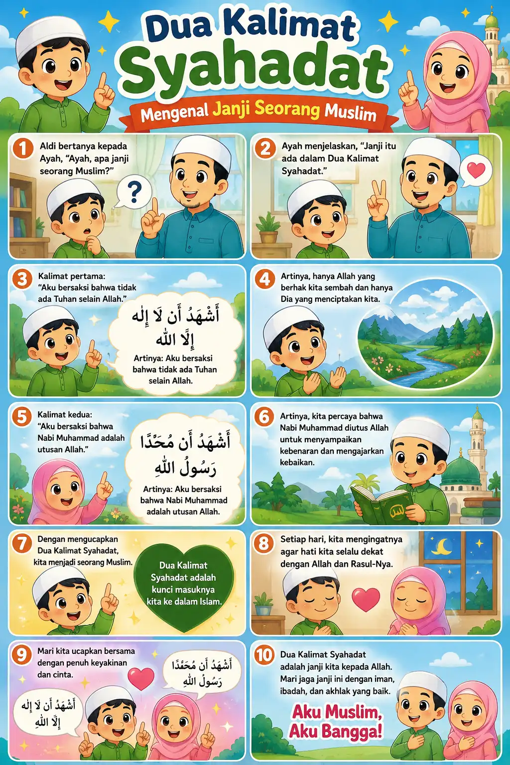 Poster Edukasi Anak Muslim Dua Kalimat Syahadat Estetik - Hiasan Dinding Islami Premium Belajar Tauhid