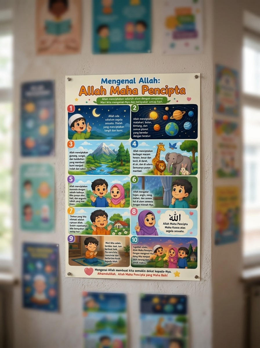 Poster Mengenal Allah Maha Pencipta Edukasi Tauhid Anak Muslim Alat Peraga TK SD Murah